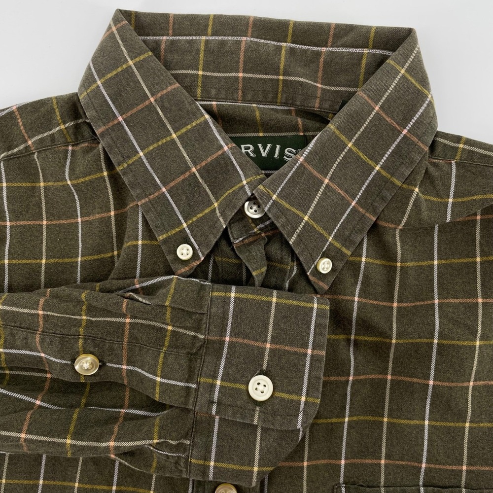 Orvis Country Twill Shirt Men's XL Olive Green Plaid Cotton Button Down LS